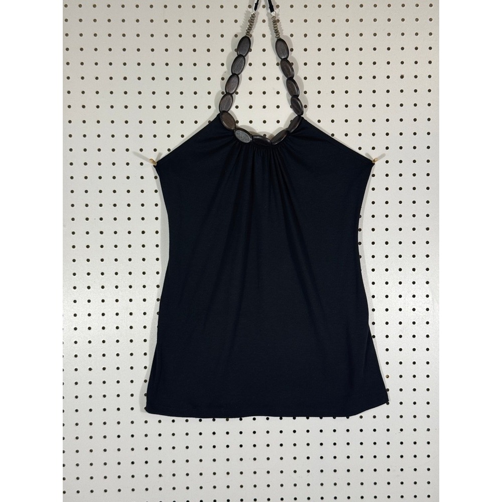 Trixxi Womens Black Halter Top Wooden Bead Neckline Boho Sleeveless Size M